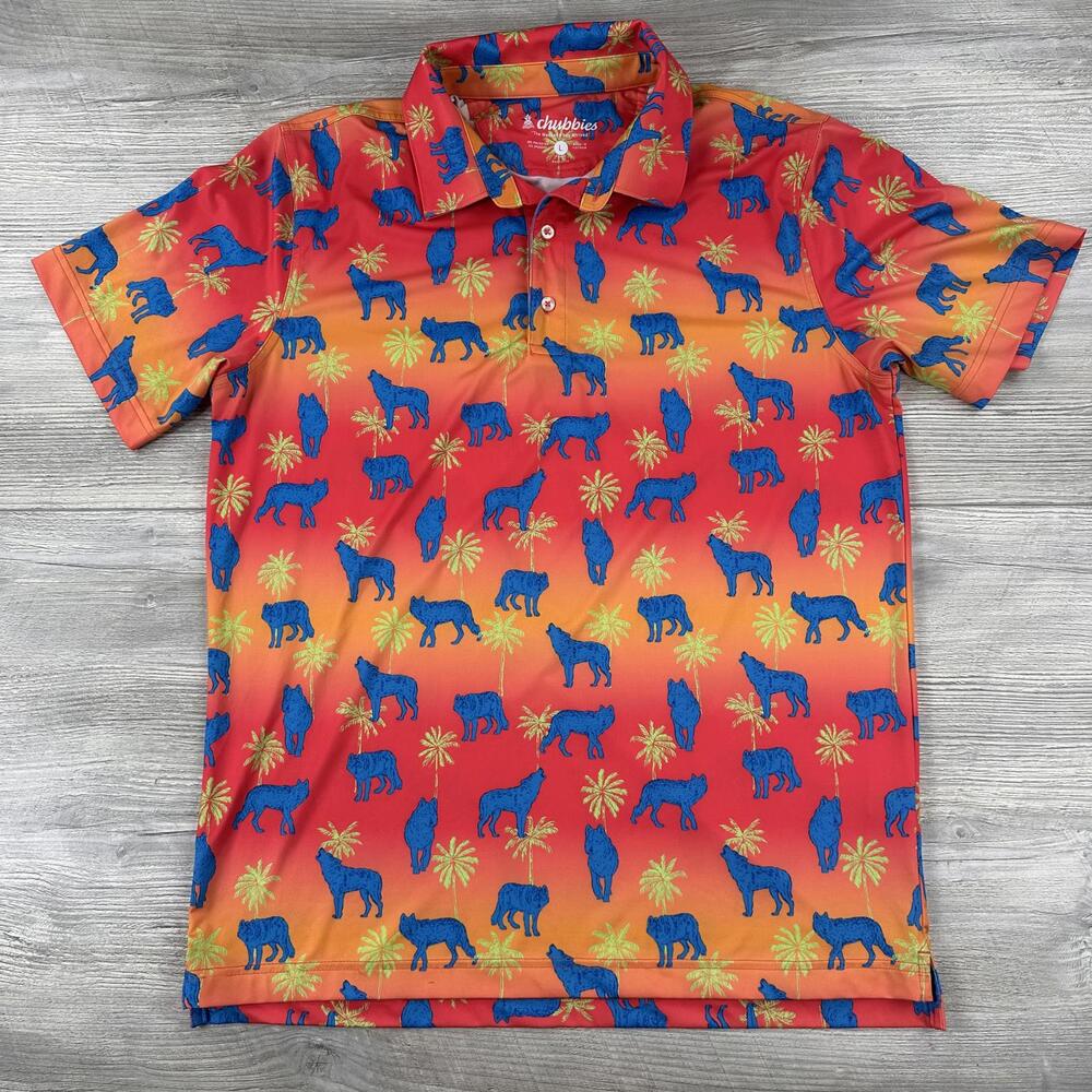 Chubbies The Howler Moon Performance Polo Shirt 2.0 Mens Large Orange Red Blue